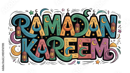 Ramadan Kareem: A festive and vibrant graphic design celebrating the holy month, featuring ornate typography and decorative elements. 