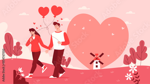 Romantic Couple Strolling Hand-in-Hand with Heart Balloons in a Whimsical Pink Landscape, Celebrating Love and Valentine's Day Together