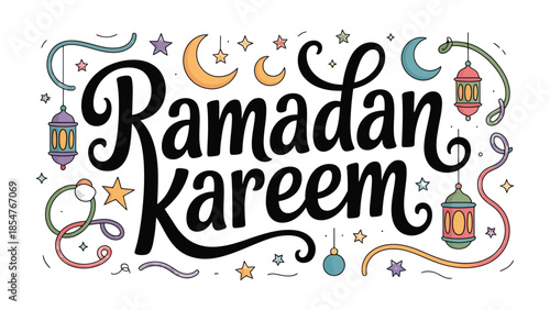 Ramadan Kareem: A festive and colorful illustration, celebrating the spirit of Ramadan with traditional lanterns and crescent moons, spreading joy and togetherness.