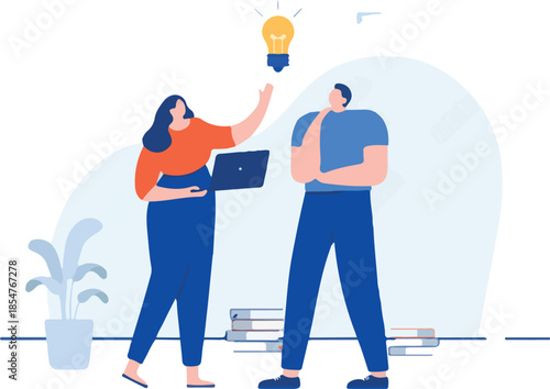 Idea people - Two vector characters comping up with ideas at work. Flat design cartoon illustration with white background