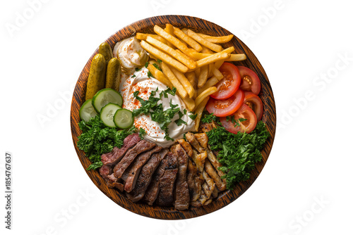 Grilled Meat and Chicken Bowl with Fries and Fresh Herbs (PNG TR 10800×7200)