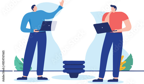 Idea work - Entrepreneurs coming up with ideas standing and contemplating by big light bulb. Flat design cartoon vector illustration with white background