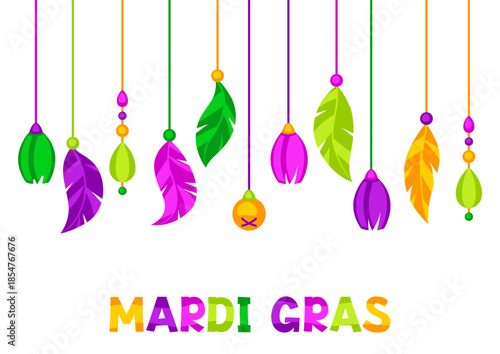 Mardi Gras party background with feathers and beads. Carnival illustration for traditional holiday or festival.
