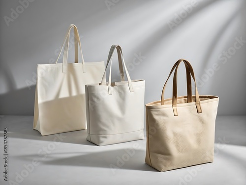 Three neutral-toned tote bags, subtly different shades of cream and beige, displayed on a light gray studio background.  Soft shadows highlight their forms