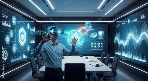 Businessman in virtual reality meeting room with futuristic screens