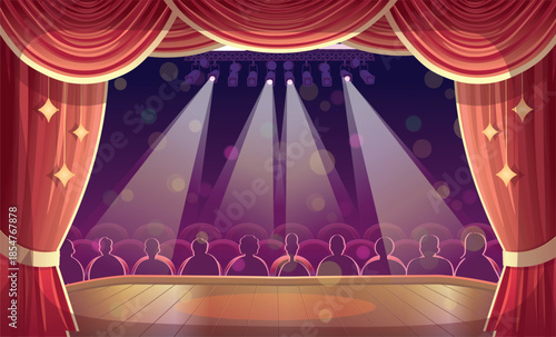 Empty stage. Theater hall.A theater stage with spectators, a red curtain, and spotlights. Behind the scenes. Backstage.