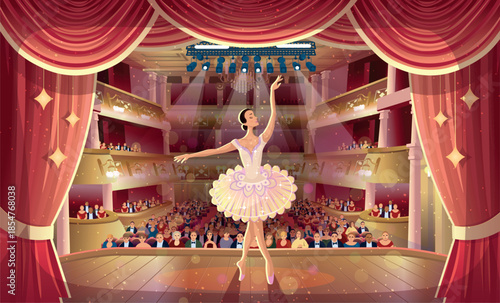 A beautiful ballerina on stage at the theater. The theater hall with the audience and a ballerina on. Theater hall. A theater stage with spectators, a red curtain, and spotlights.   Backstage.