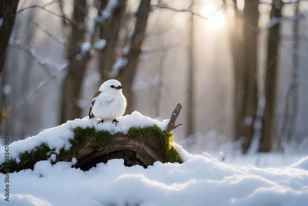 Naklejka premium White bird standing on snowy branch in winter