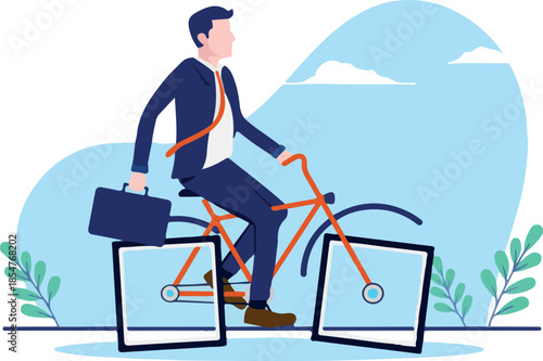 Ineffective business - Stupid businessman biking on slow inefficient bike, not getting anywhere. Flat design vector illustration with white background