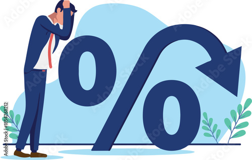 Inflation business economy - Sad desperate businessman looking at earnings and profits going down making less money. Company crisis and financial economic depression concept concept in flat design