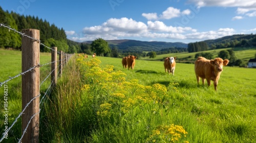 Free Range Cattle Grazing on Open Green Pasture Under Blue Sky with White Clouds