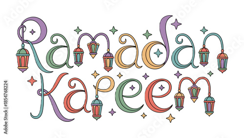 Ramadan Kareem: Decorative design of the words Ramadan Kareem with hanging lanterns and stars, perfect for Islamic celebrations, capturing the festive spirit and communal harmony.