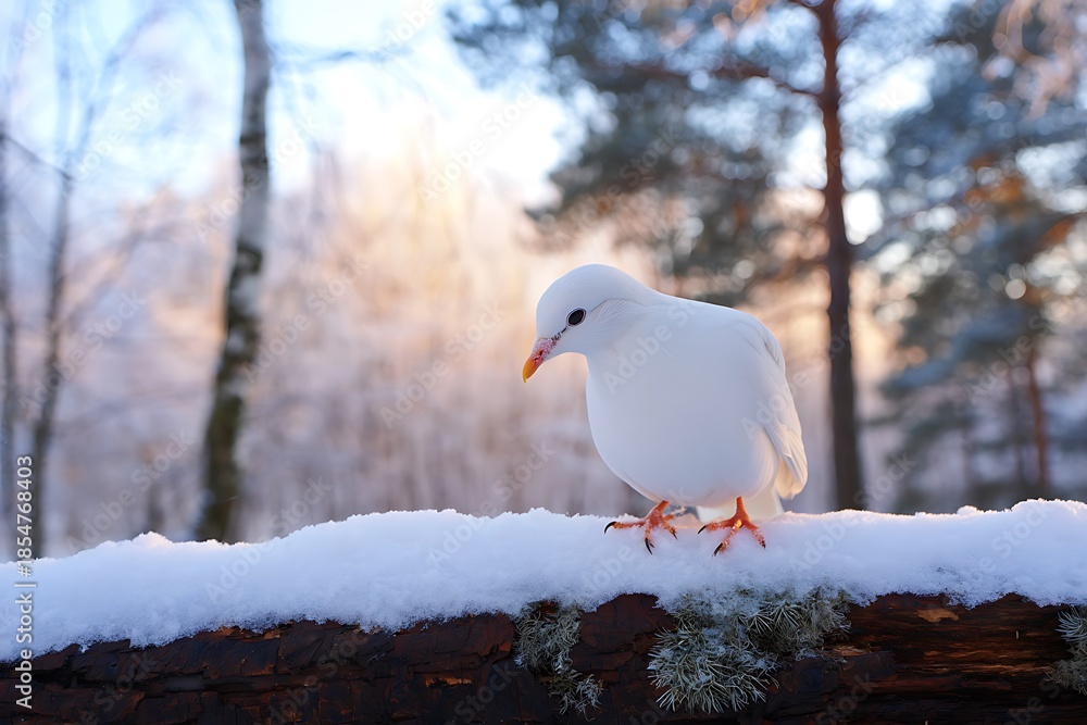 Naklejka premium White bird standing on snowy branch in winter