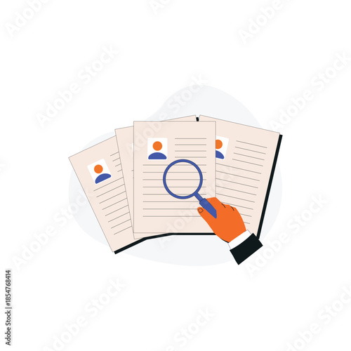 Hand Reviewing Resume with Magnifying Glass Vector Illustration. Recruitment Concept Design