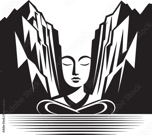 A serene face enveloped by mountain peaks in a minimalist design