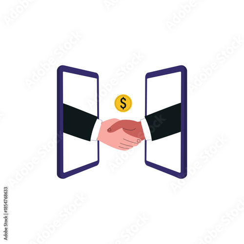 Business Handshake Between Smartphones with Dollar Coin Vector Illustration. Online Deal Concept Design