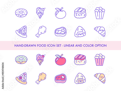 Hand Drawn Food Icon Set - Linear and Color Pack Featuring Donuts, Ice Cream, Apple, Sushi, Popcorn, Pizza, Chicken Drumstick, Steak, Bento Box, Rice Ball and Croissant for Snacks and Meals.