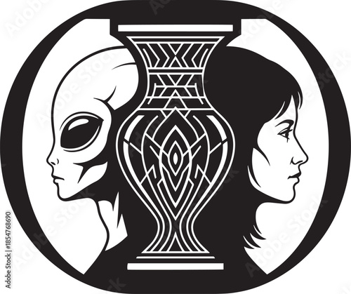 An intriguing black and white illustration of an alien and woman s profiles
