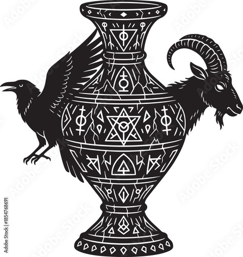 An ornate vase with a raven and goat featuring mystical symbols