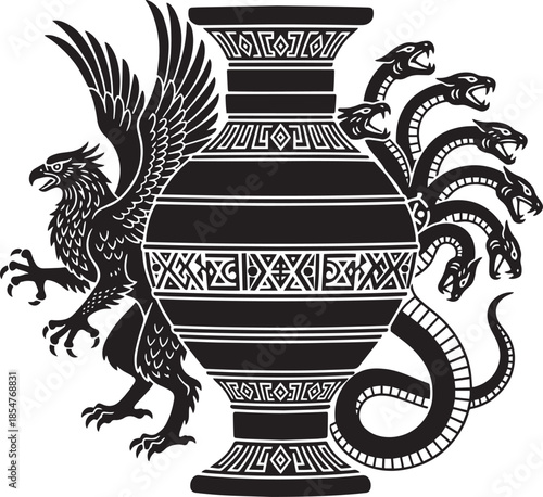 Ancient greek amphora featuring a griffin hydra and serpent design