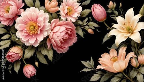 Floral vintage card with flowers, peony, tulips, lilies, black background