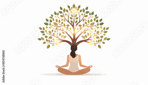 Meditation Practice, Woman, Tranquil Space, Illustration, Nature-Inspired, Serene View, Mindfulness Concept