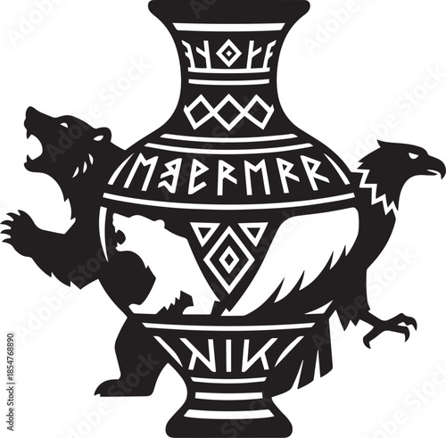 Black silhouette of a vase with bear eagle and runic inscriptions
