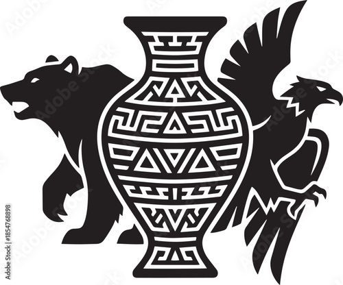 Black and white tribal art featuring a bear vase and eagle design