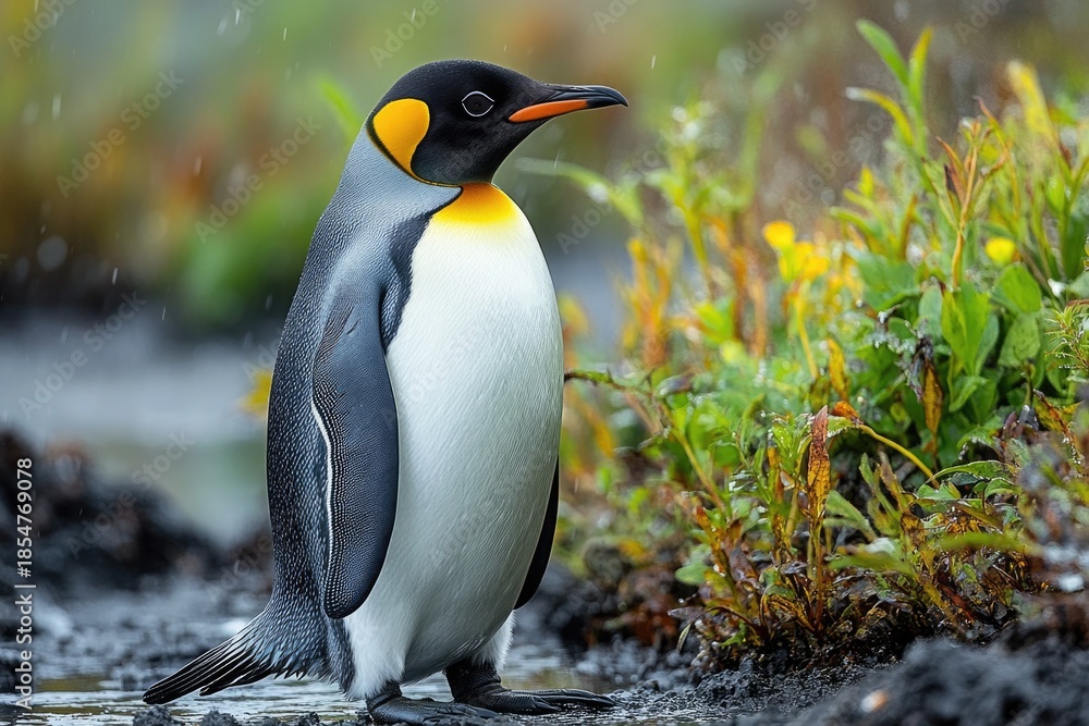 Fototapeta premium Penguin posing confidently on icy terrain in cold climate