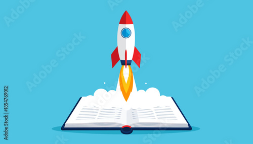 Rocket Taking Off from Open Book with Blue Background