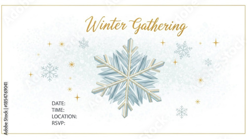 Winter gathering invitation card with snowflake design and gold text on white background
