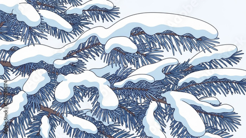 Snowy pine tree branches with heavy frost on needles winter scene