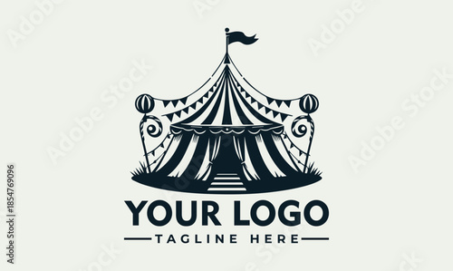 Vector illustration of a customizable circus tent logo with space for a company logo and tagline on a plain background.