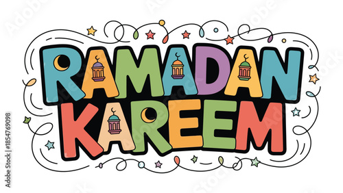 Ramadan Kareem: A vibrant illustration of Ramadan Kareem with colorful letters and decorative elements to represent celebration and the spirit of the holy month.