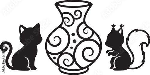 A charming black and white illustration of a cat vase and squirrel