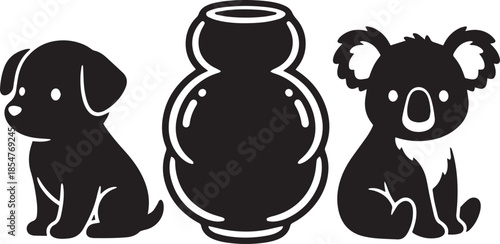Black and white illustration of a puppy vase and koala in a row