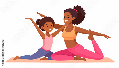 Mother and Daughter Yoga Session at Home, Healthy Lifestyle, Illustration, Warm Environment, Joyful Learning