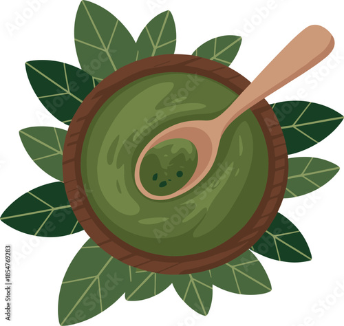 Top View Matcha Green Tea Powder in Bowl with Spoon and Leaves Vector Illustration
