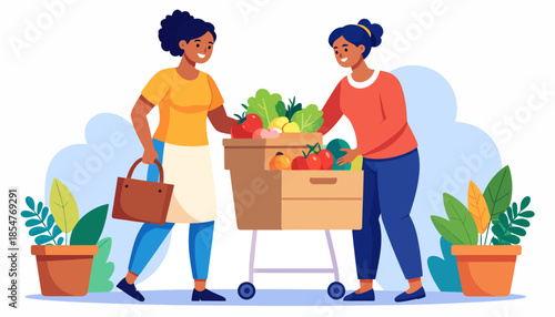 Two Women Sharing Fresh Produce at a Market Stall in a Vibrant Urban Setting
