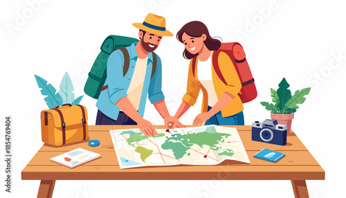 Couple Planning Travel Destinations with Map at Home, Lifestyle, Cozy Environment, Engaging Viewpoint