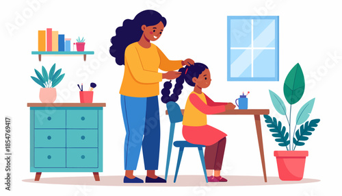 Mother braiding daughter's hair at a desk, domestic scene with books and plants