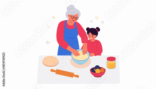 Grandmother and Granddaughter Baking in a Cozy Kitchen Environment