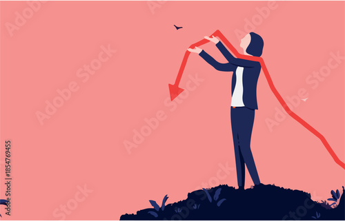 Investor woman with arrow pointing down - Female person standing outdoors holding a falling graph in hands. Financial loss and failing business concept