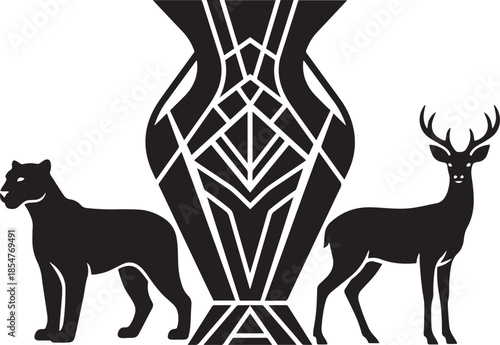 Elegant black and white illustration of a vase with a panther and deer