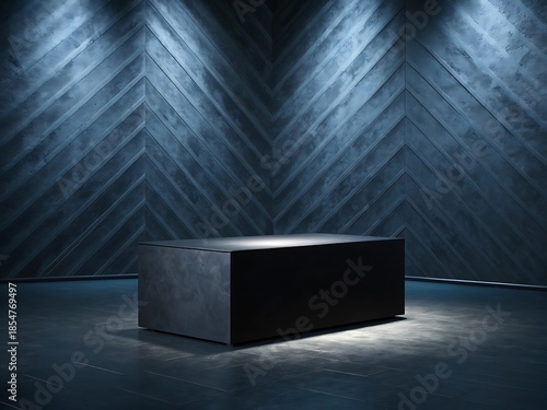 Dark, modern display podium against a textured wall with angled lighting