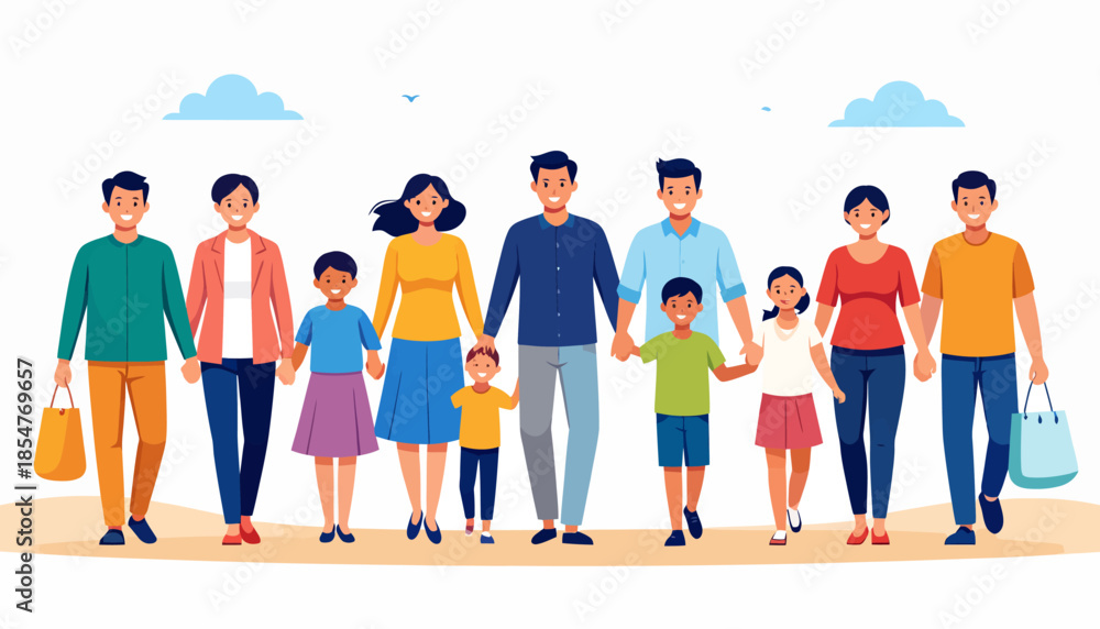 Obraz premium Vector illustration of a large, happy multi-generational family group walking forward together, symbolizing unity, community, and connection