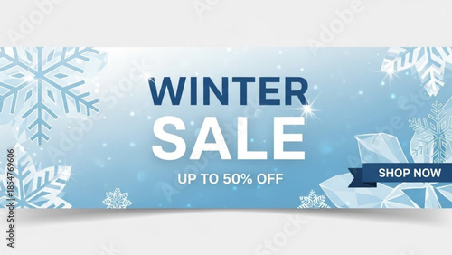 Winter sale banner with snowflakes and discount offer up to 50 percent off