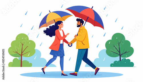 Happy couple walking hand in hand under umbrellas in the rain, sharing a romantic moment on a cloudy day, a symbol of love and companionship