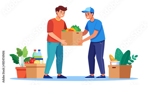 A friendly volunteer handing a cardboard box full of fresh groceries to a man, illustrating the concept of food donation, charity, and community support
