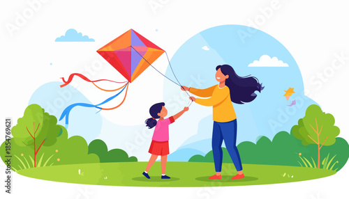 Happy mother and daughter flying a colorful kite in a sunny park, enjoying quality outdoor time and creating cherished childhood memories together
